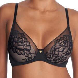 Natori FLAW Flora Contour T-Shirt Underwire Bra Black Lace Overlay 34DDD